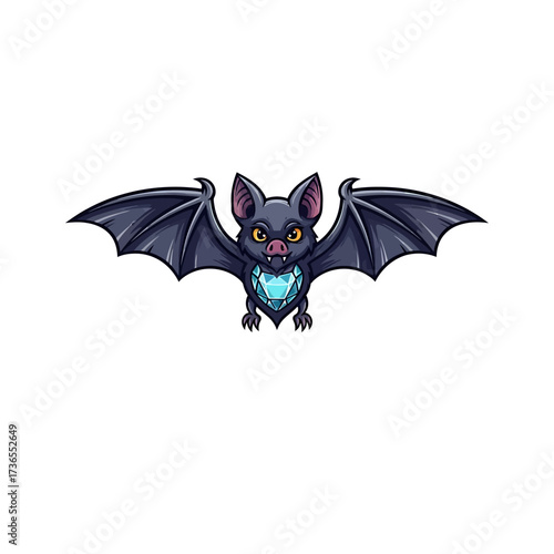 Adorable cartoon bat with sparkling gemstone chest emblem, perfect for Halloween designs or whimsical fantasy projects, adding a touch of cute charm