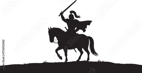 Black silhouette of a warrior on horseback raising a sword against a white background knight soldier