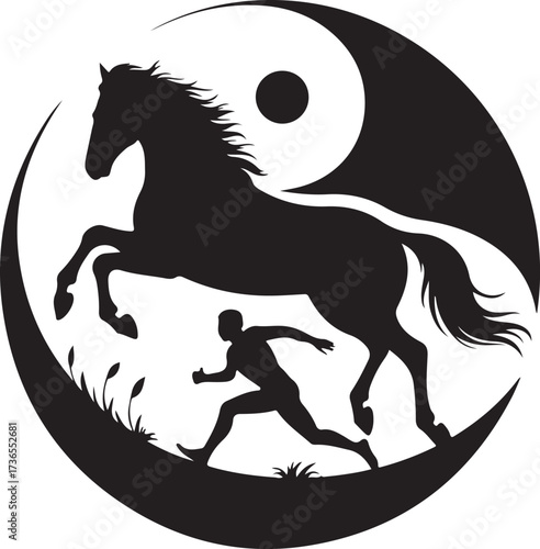 Black silhouette of a running man and a galloping horse within a yin yang symbol vector