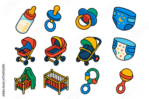 Colorful Baby Essentials. Isometric vector illustration set baby icons: angled baby bottle, glass baby bottle, pacifier with ring,