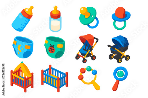 Colorful Baby Essentials. Isometric vector illustration set baby icons: angled baby bottle, glass baby bottle, pacifier with ring,