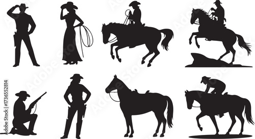 Cowboy and Cowgirl Silhouettes Riding Horses and Posing with Lasso and Rifle vector