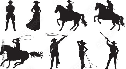 Cowboy and Cowgirl Silhouettes Riding Horses Lassoing and Holding Guns vector