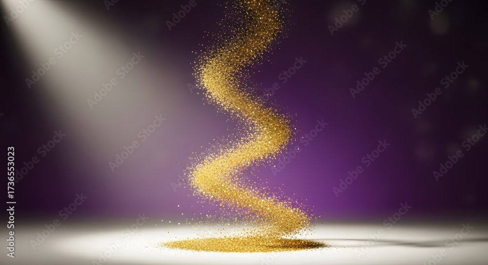 Obraz premium Golden particles swirling upward in a dramatic spotlight against a deep purple background