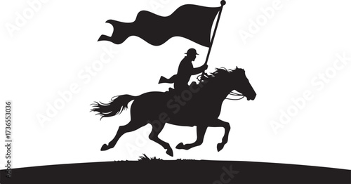 Silhouette of a soldier on horseback carrying a flag across a grassy field horseback riding