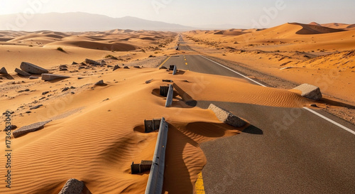 Wallpaper Mural A long, desolate desert road slowly disappears under encroaching golden sand dunes, illustrating nature's powerful reclamation of human infrastructure Torontodigital.ca
