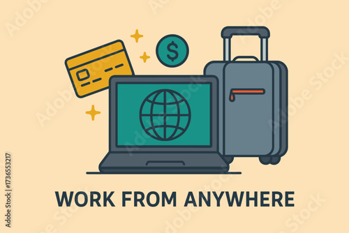 Laptop and suitcase represent working remotely while traveling the world