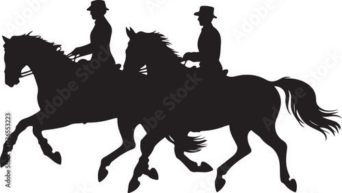 Two black silhouettes of riders on horseback in motion against a white background vector