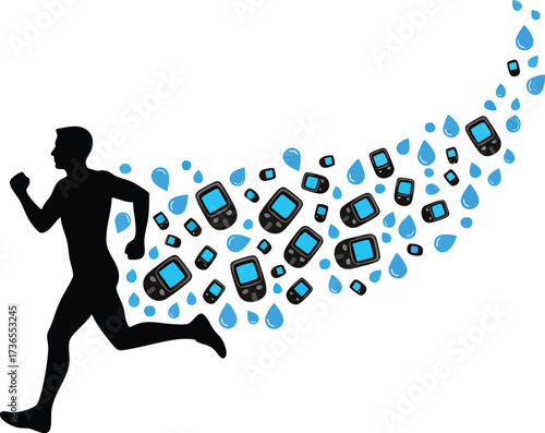 Runner silhouette with sweat showing diabetic glucose meters symbolizing diabetes and exercise