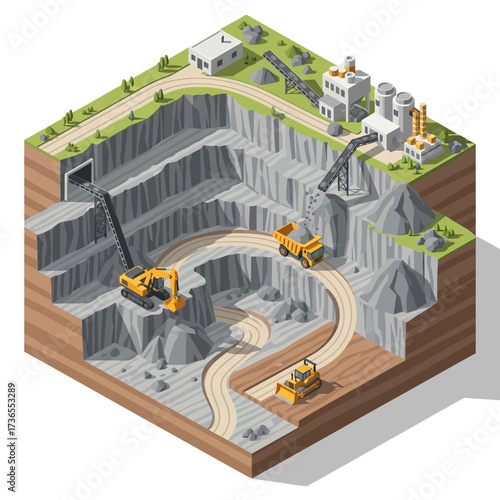 Isometric Quarry Illustration - Excavation Site with Heavy Machinery and Industrial Buildings.