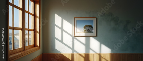 Mental wellness, minimalist, calm: Window light creates peaceful ambiance on wall and an art, illuminating stillness in room