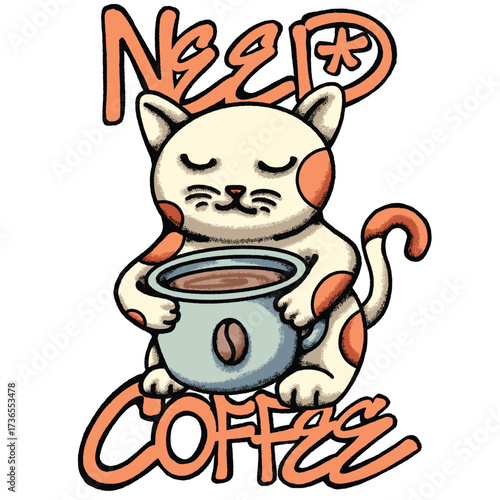 Cat Holding a Coffee Cup hand drawn tshirt illustration