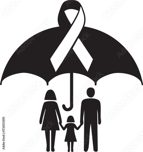 Family Protected by Umbrella with Awareness Ribbon Symbol
