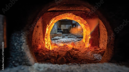 Glowing Kiln Interior with Ceramic Materials Undergoing Heat Treatment