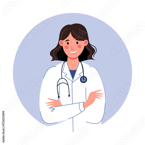 Vector icon in the form of a circle, a female doctor with a stethoscope.