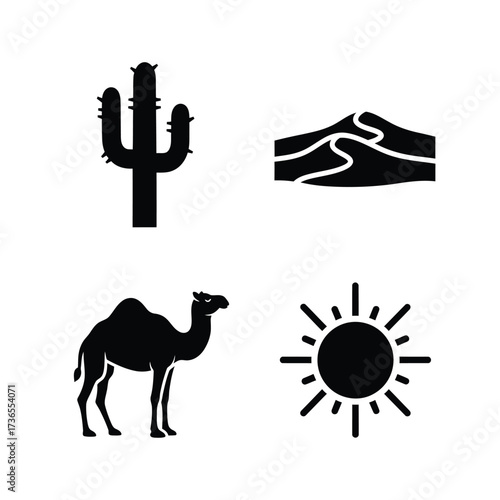 Black silhouettes of desert elements including a cactus, sand dunes, a camel, and the sun, on a white background.