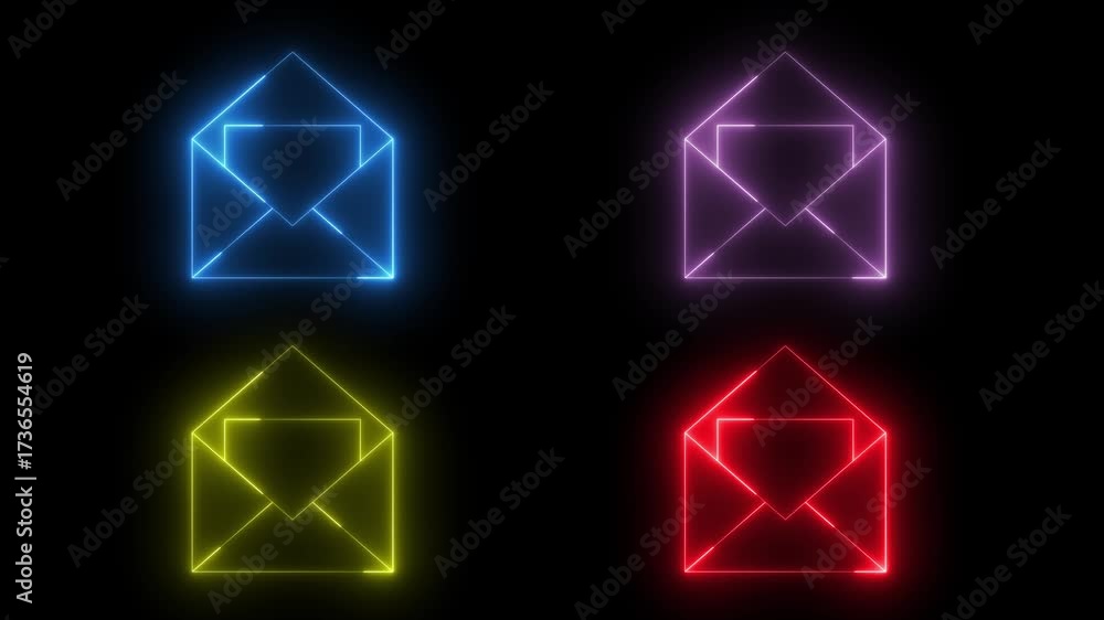 Four vibrant neon outline envelopes drawing animation loop. Dynamic glowing blue, purple, yellow, and red mail symbols forming on black, perfect for digital communication.