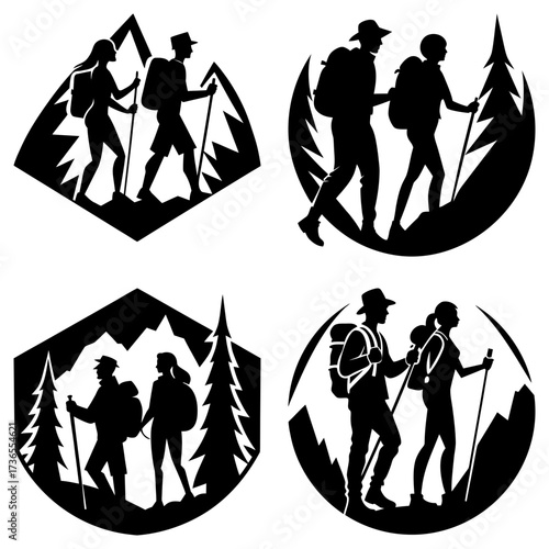 Silhouetted hikers with backpacks and trekking poles in mountain and forest scenes in various geometric shapes