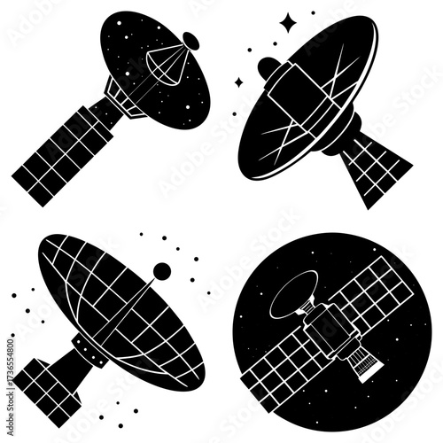 Illustration of four satellite dishes and a satellite in space in black and white monochrome style design