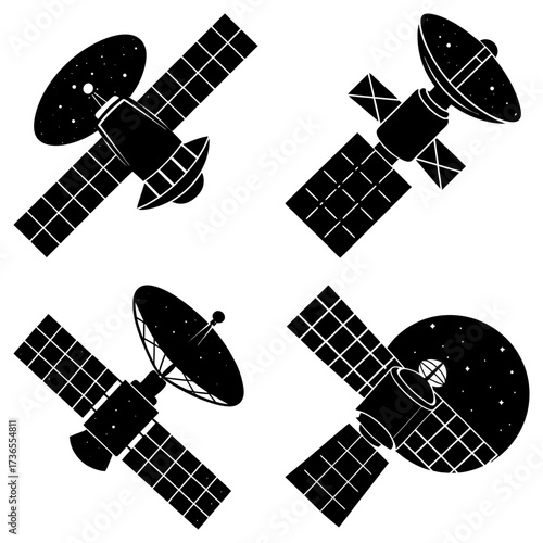 Four satellite illustrations with solar panels and communication dishes in black and white design style
