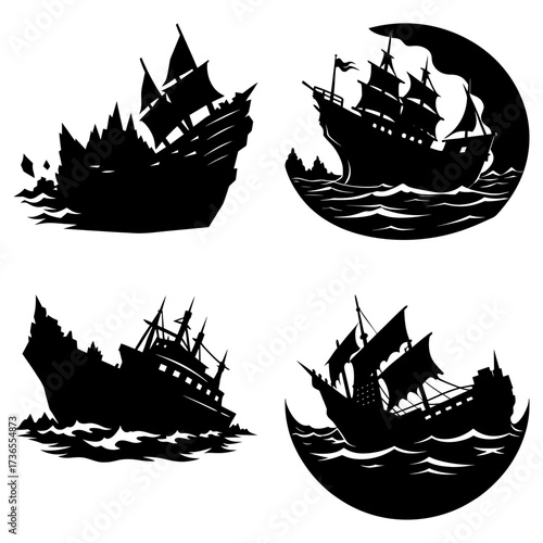 Four silhouettes of sailing ships on rough seas in various states of distress and disrepair at sea