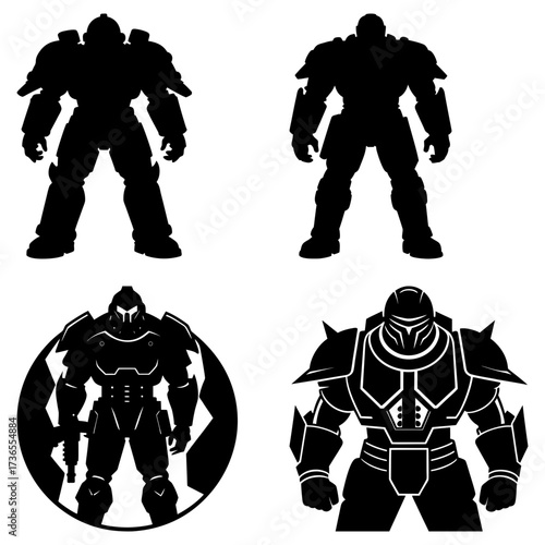 Four futuristic soldier silhouettes in black and white showcasing armored figures and weapon details in design