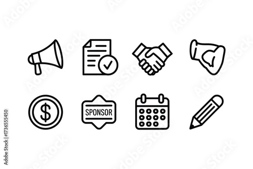 Collection of simple outline icons representing business and finance concepts
