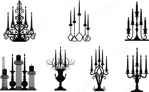 Set of ornate vintage and modern candelabra silhouettes with candles, decorative candle holders, classical and contemporary vector illustration design