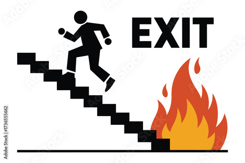 Man urgently climbs stairs to escape raging fire and exit sign