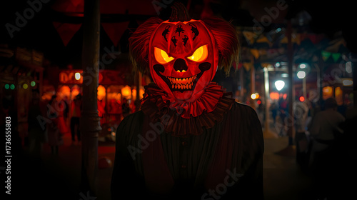Menacing Halloween Pumpkin: A chilling figure, with a carved pumpkin head and glowing eyes, emerges from the darkness, setting a haunting scene for All Hallows' Eve.