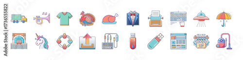Diverse set of colorful icons depicting various objects and concepts