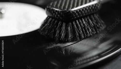 Delicate Detail Macro shot of a specialized brush meticulously cleaning dust from the intricate grooves of a vintage vinyl record, enhancing sound quality.