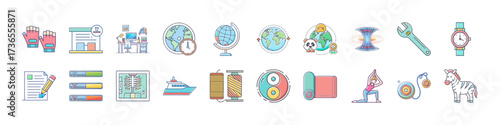 Set of diverse icons representing various objects, activities, and concepts