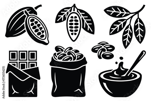 Collection of stylized cocoa beans, chocolate bar, and leaves, representing the journey from bean to bar