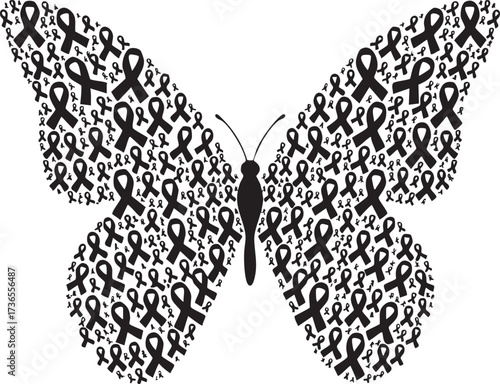Black Awareness Ribbons Forming a Butterfly Shape. Symbol of Remembrance, Hope, and Transformation Vector.