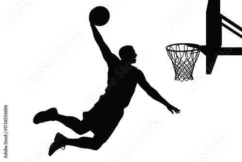 Dynamic silhouette of a basketball player executing a powerful slam dunk