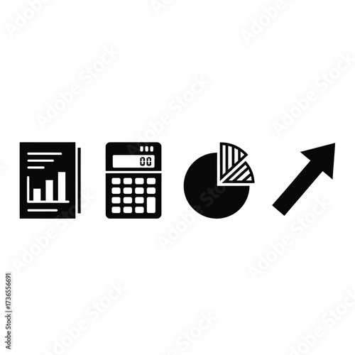 Icons representing financial analysis, business growth, data calculation, and statistical reporting.