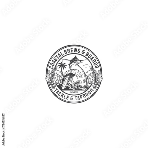 An old-style logo for your skateboard, fishing tackle, and beer taproom. It combines a fish, a skateboard deck, and a beer bottle to capture your unique coastal skater vibe.