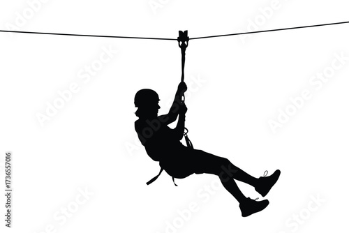 Silhouette of a person ziplining with a sense of adventure and freedom against a white background.