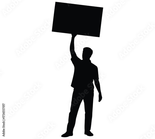 Silhouette of a person holding a blank sign high above their head, advocating for a cause.
