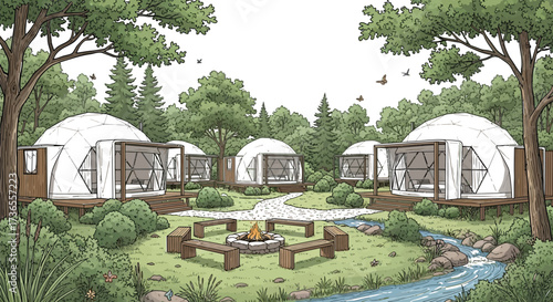Geodesic Dome Glamping Resort with Campfire in Forest Setting