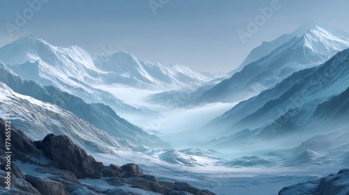Wallpaper Mural Winter mountains shrouded in fog covering the valley Torontodigital.ca