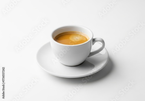 A white cup of coffee on a white saucer isolated on white background
