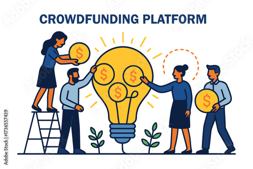 Diverse team collaborating on crowdfunding platform idea with lightbulb