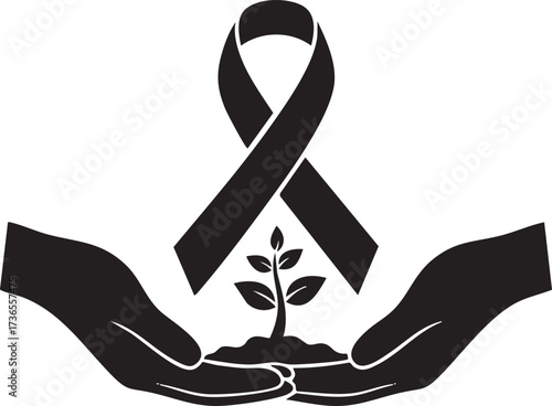 Hands Nurturing a Plant with Black Awareness Ribbon. Symbol of Hope, Growth, and Remembrance Vector.