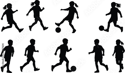 Silhouette children playing soccer in dynamic action poses, running, kicking, dribbling ball, teamwork, exercise, sports activity, recreation vector illustration