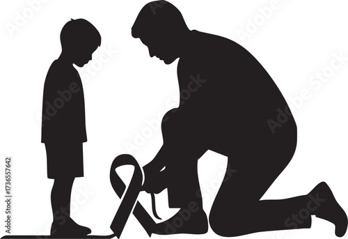 Father Tying Shoelace as a Black Awareness Ribbon for Child. Symbol of Care, Support, and Remembrance Vector.