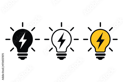 Three stylized light bulbs with lightning bolts symbolizing ideas and innovation.