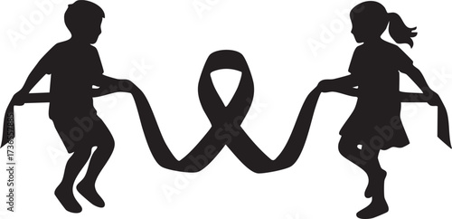 Children's Silhouette Holding a Black Awareness Ribbon. Symbol of Remembrance, Hope, and Support for Childhood Causes Vector.