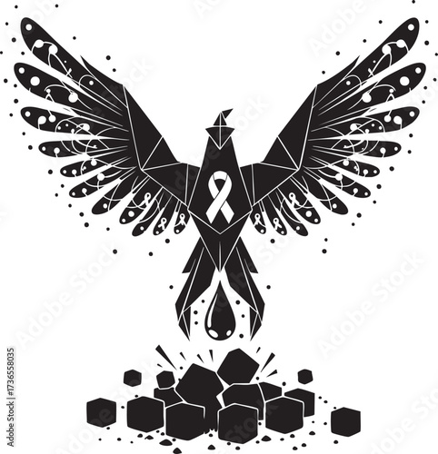 Geometric Phoenix with Awareness Ribbon, Black and White Vector Design